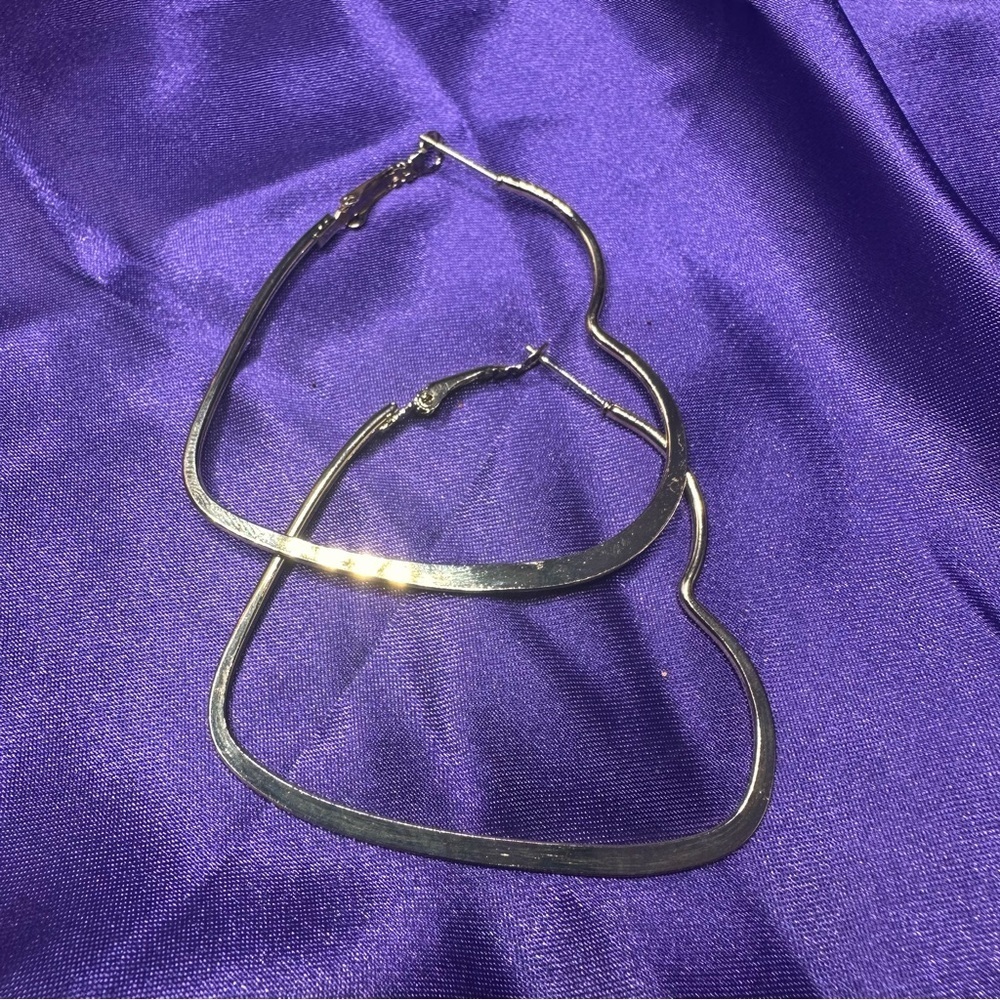 Gold Heart Hoop Drop Earrings Minimalist 2.25 Inch - Picture 8 of 13